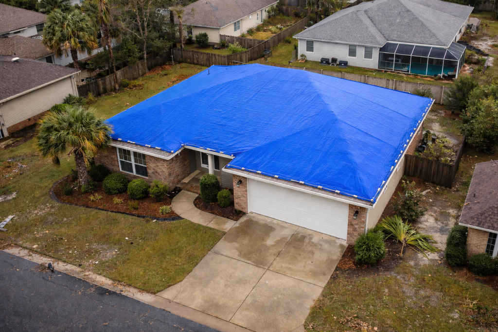Emergency roof tarping service on a house in Navarre FL by H&R Roofing and Construction after storm damage